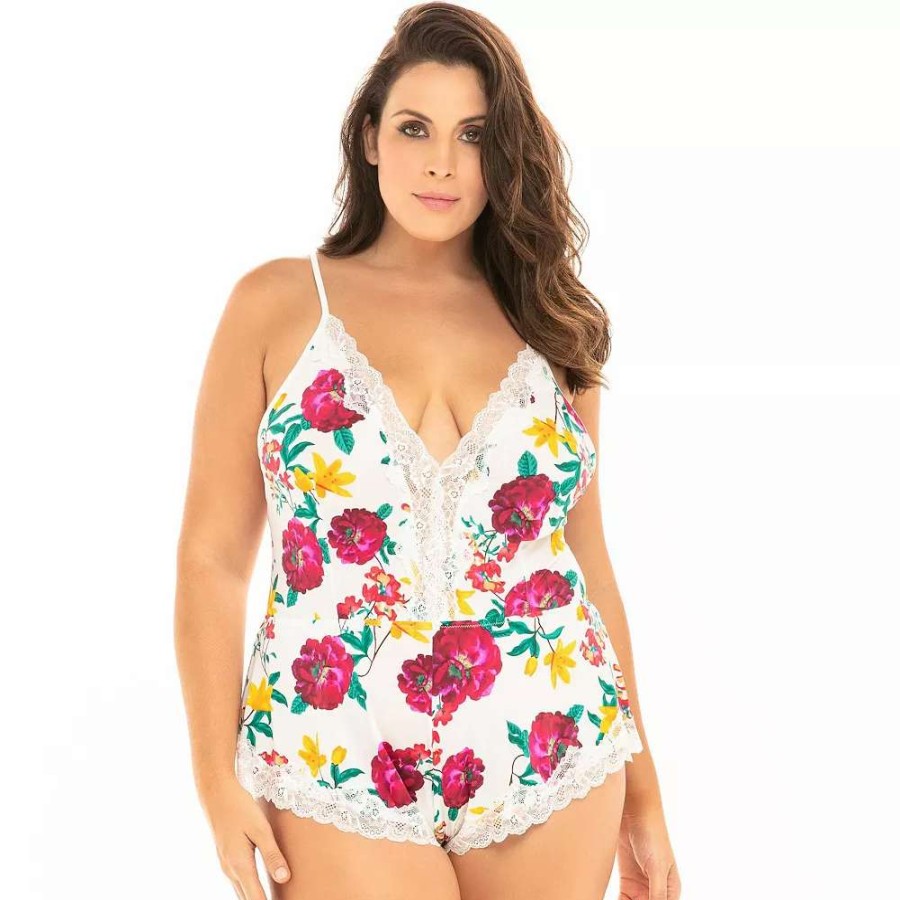 Lingerie * | Plus Size Oh La La Cheri Floral Lace-Trim Romper Lk-10731X