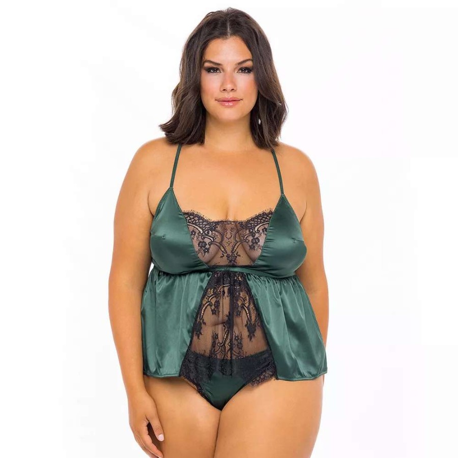 Lingerie * | Plus Size Oh La La Cheri Cammi Eyelash Lace Satin Cami & Tanga Panty Set Lo-11623X