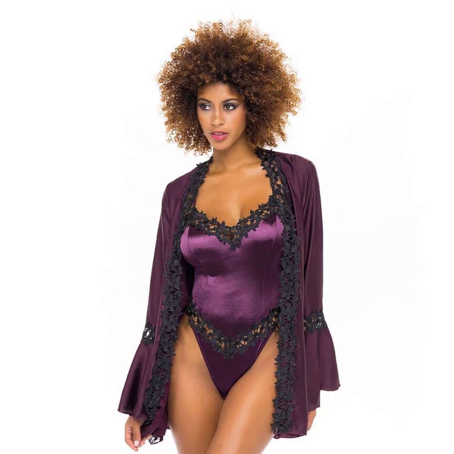 Lingerie * | Women'S Oh La La Cheri Thea Bell Sleeve Satin Robe 94-11426