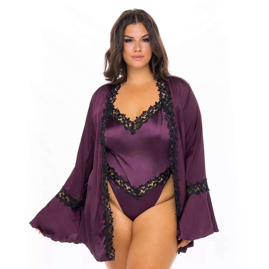 Lingerie * | Plus Size Oh La La Cheri Thea Bell Sleeve Satin Robe 94-11426X