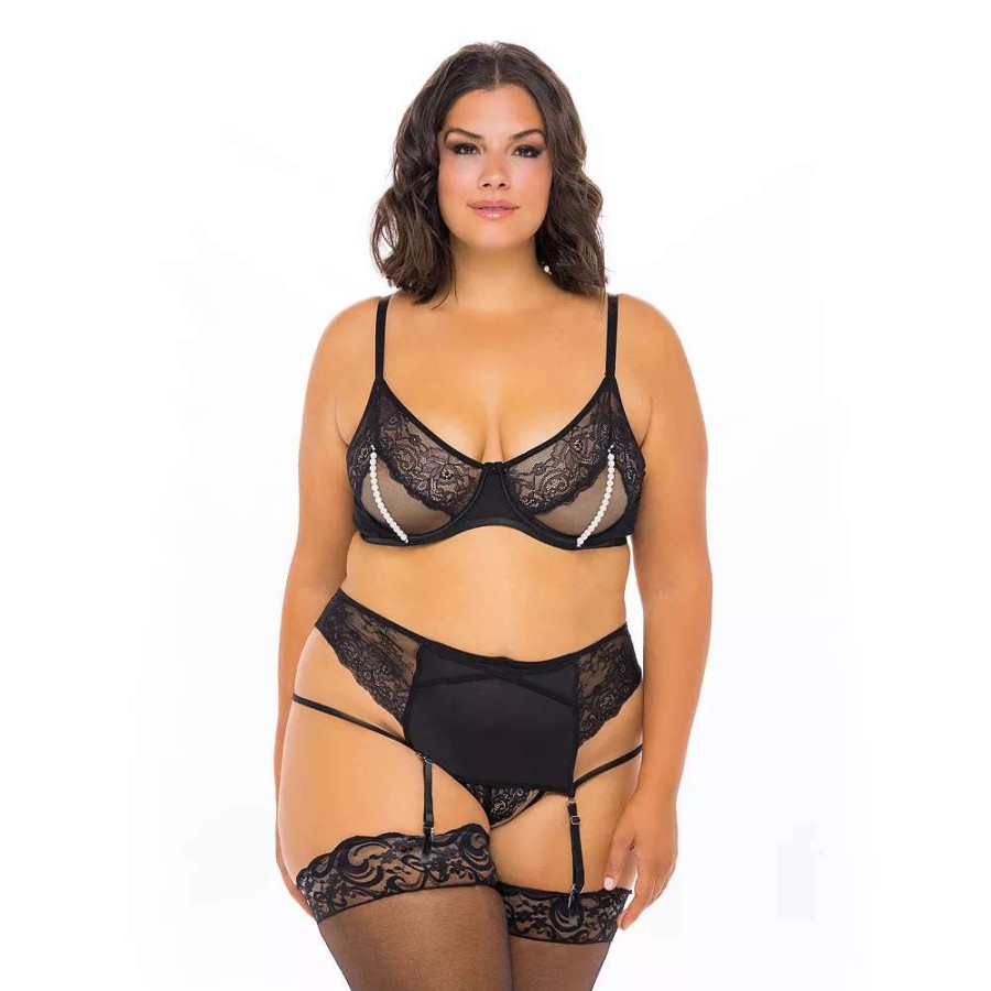 Lingerie * | Plus Size Oh La La Cheri Alyssa Lace & Simulated Pearl Bra & G-String Panty Set 40-11569X