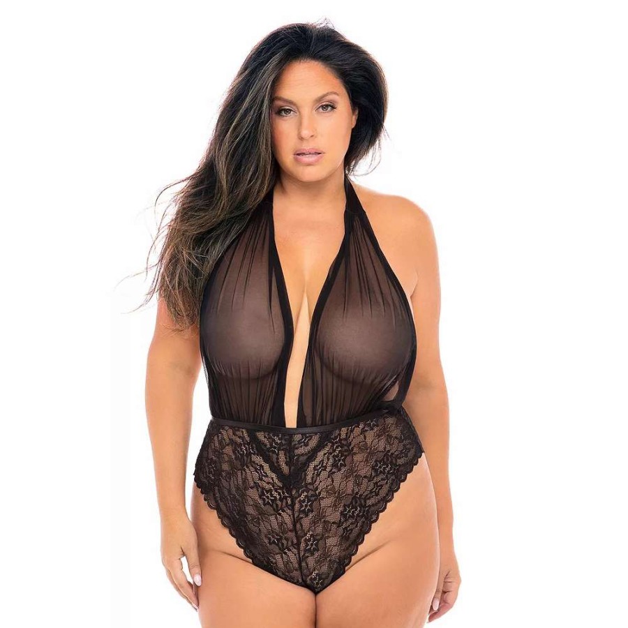 Lingerie * | Plus Size Oh La La Cheri Plunging Mesh Bodysuit 52-10990X